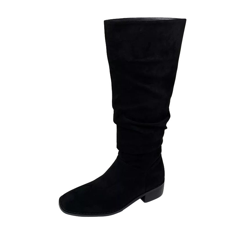 Pile Style Boots For Women Vintage Suede Chunky Heel Square Toe