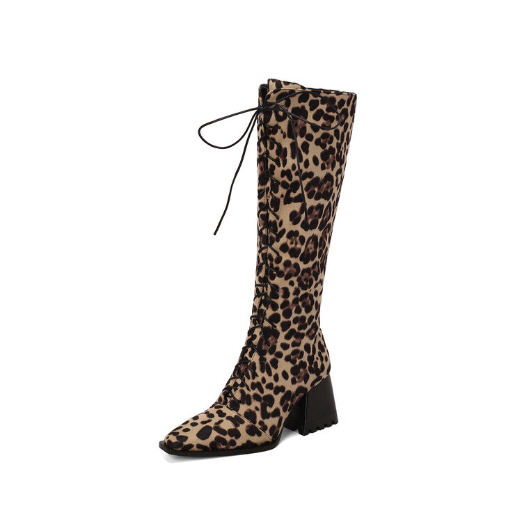Leopard Print Boots With Pointed Toes And Thick Heels