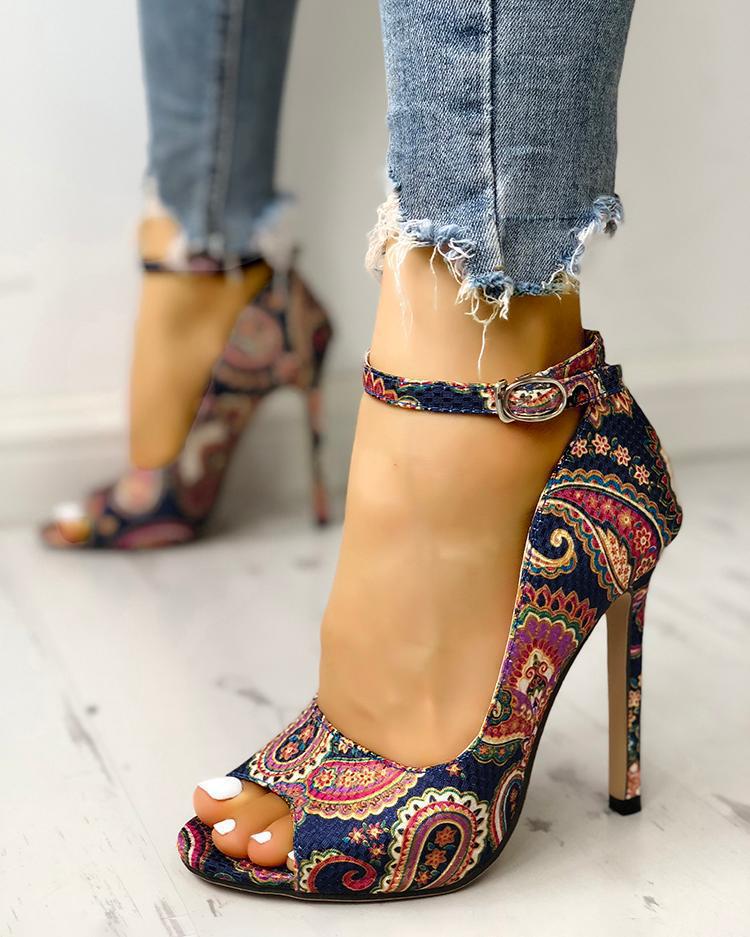 Printed toe buckle high heels