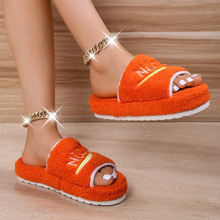 Peep Toe House Slippers For Women Winter Furry Shoes