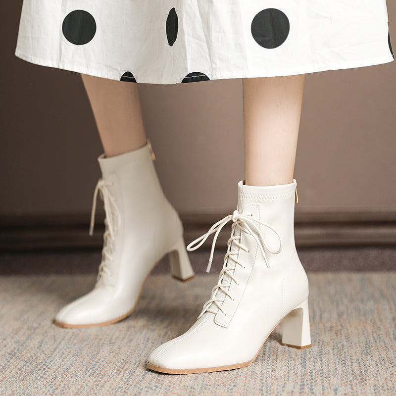 Square Toe High Heel Boots PU Leather Women Ankle Boots