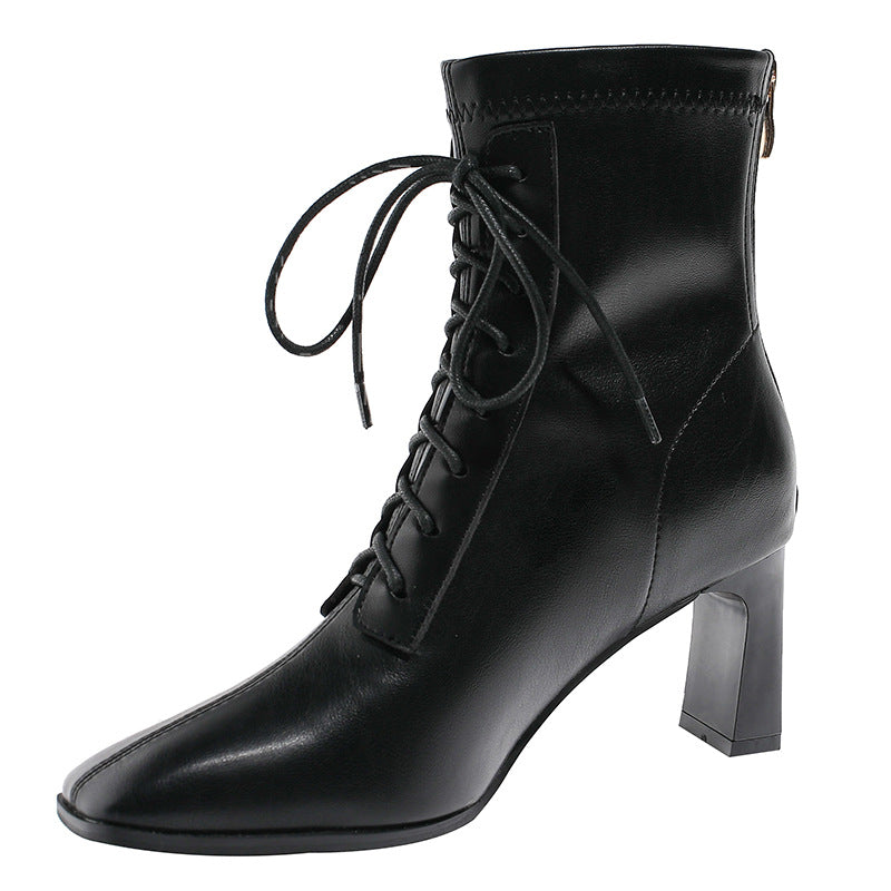 Square Toe High Heel Boots PU Leather Women Ankle Boots