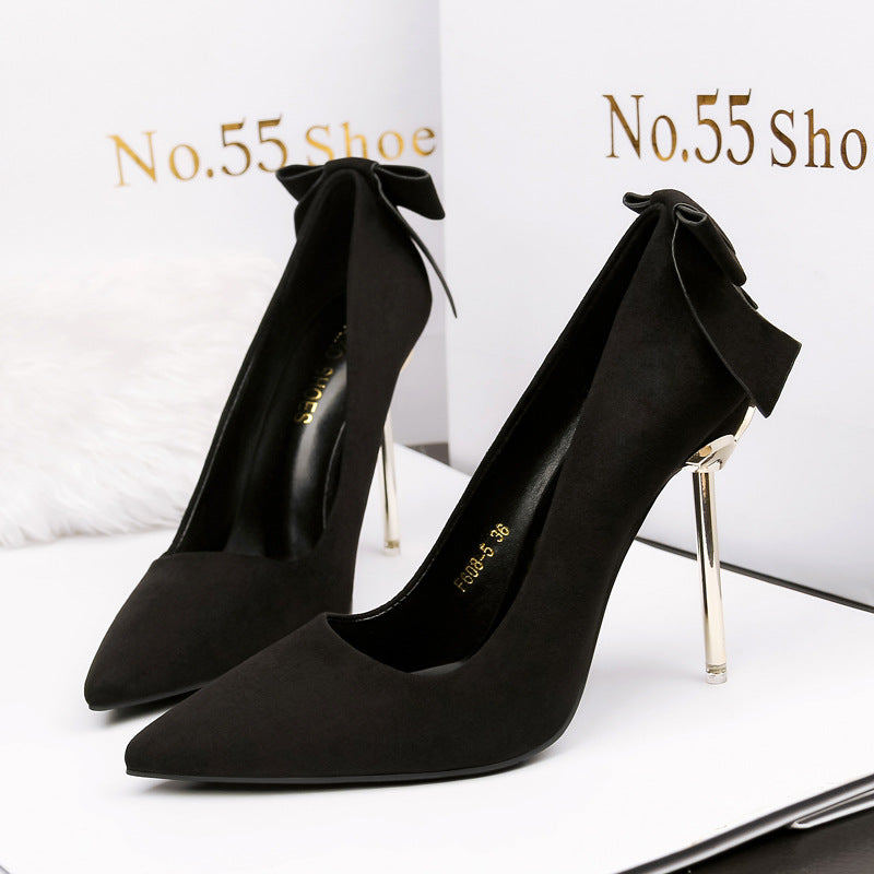 Korean Fashion Suede Pointed Bow Shallow Mouth Fine With Sexy High-heeled Shoes