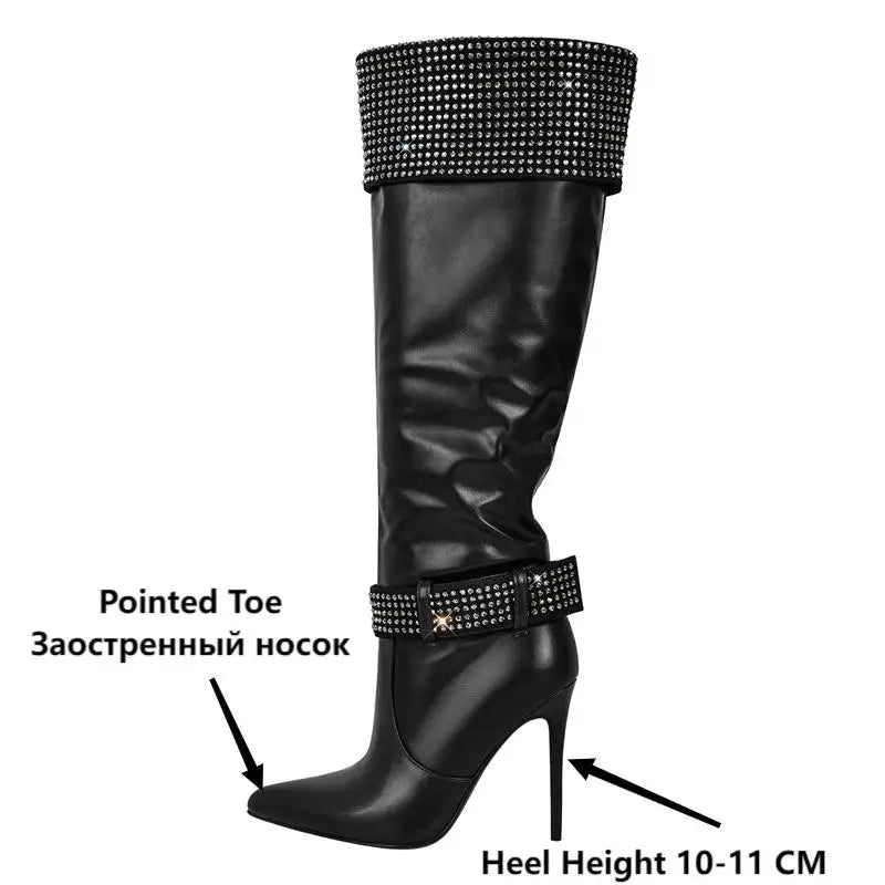 Onlymaker Women Rhinestone Pointed Toe Black Matte Knee High Boots Stiletto Fashion  Long Boots