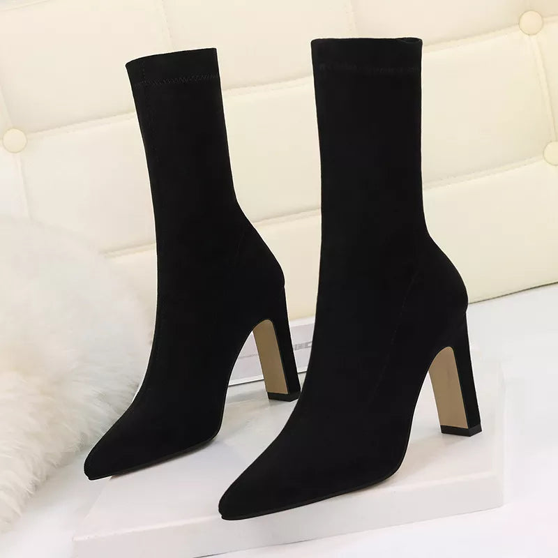 Plus Size High Heel Boots Sock Women 2023 Flock Shoes Sexy Party Thick Heel Ankle Booties Female Winter Pointed Toe Boots Shoes