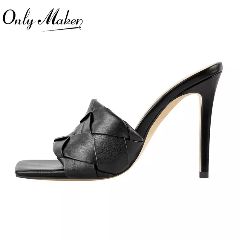 Onlymaker Women's Mlues Square Toe Black Thin High Heels Slip On Sandals