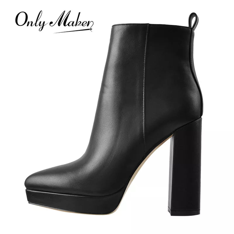 Onlymaker Women Ankle Boots Pointed Toe Black Matte Flock12CM Chunky Heel Platform Booties Party Shoes Large Size Short Boots