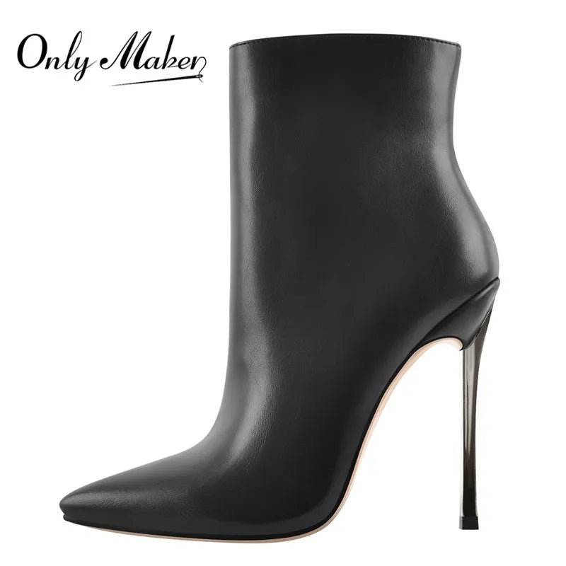 Onlymaker Ankel Boots Women&#39;s Poited Toe Metal Thin High Heel Side Zipper Fashion Black Red Winter Warm Booties