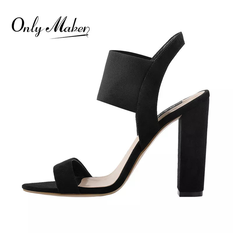 Onlymaker Womens Peep Toe Chunky High Heel Elastic Band Singback Sandals Slip On Summer Casual Party  Black Shoes