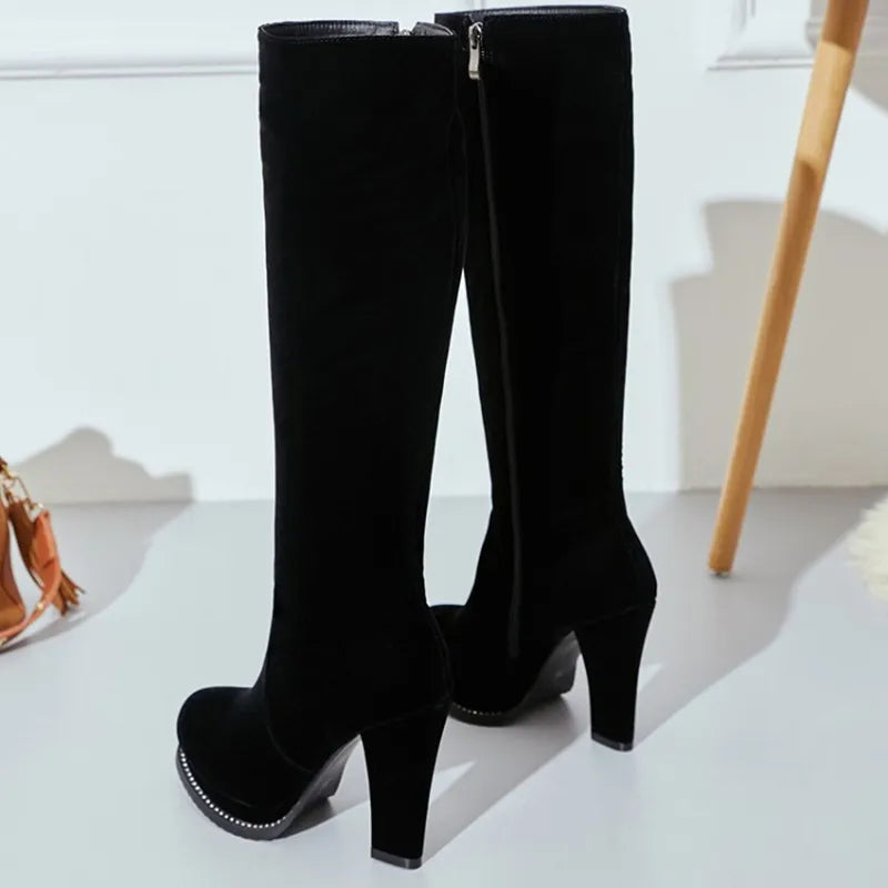 Women's Winter High Boots Fashion Flock Knight Knee High Boot Women Black Thick High Heels Zipper Round Toe Ladies Shoe Platform