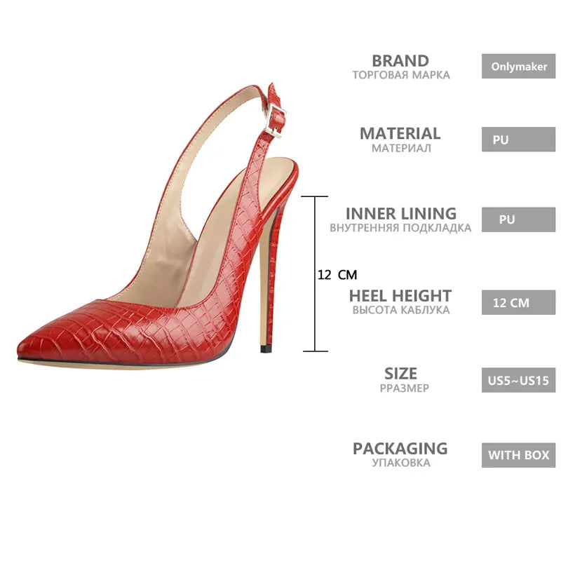 Onlymaker Women&#39;s 12CM Slingback High Heels Pumps Red Color Pointed Toe Ankle Strap  Big Size Fashion Sandals