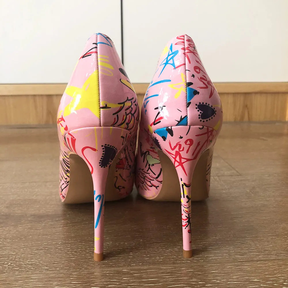 Veowalk Artistic Graffiti Print Women Sexy Stiletto High Heels Pink Ladies Party Pointed Toe Pumps Shoes Color Customized Accept