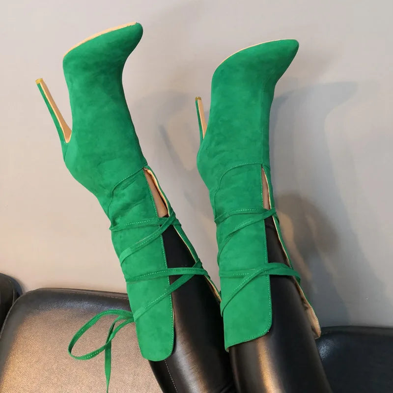 Sexy High Heels Green Boots For Women Lace Up Mid Calf Booties Pointed Toe Fashion Flock Lady Party Shoes Spring Female Botas