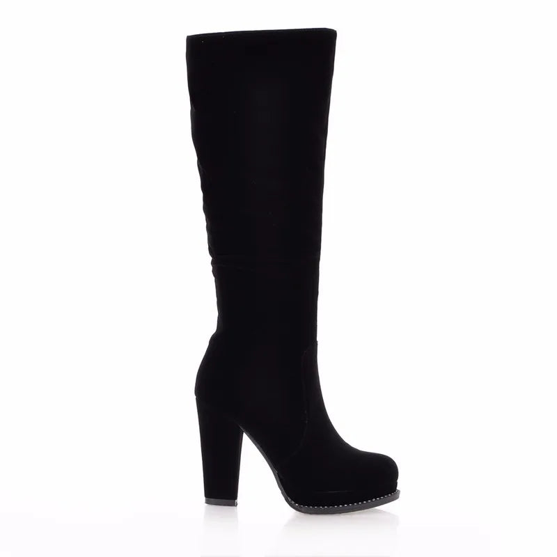 Women's Winter High Boots Fashion Flock Knight Knee High Boot Women Black Thick High Heels Zipper Round Toe Ladies Shoe Platform
