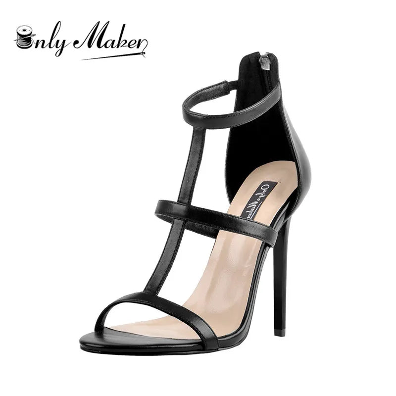 Onlymaker Woman 12 cmT-Strap Open Toe Ankle Strappy Stiletto matte black Sandals Triple Strap Back Zipper Slim High Heels