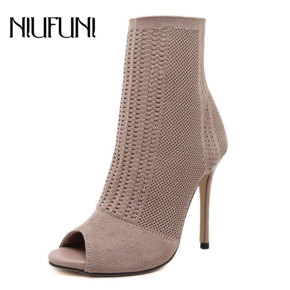 NIUFUNI Women Boots High Heels Fashion Peep Toe Knit Sock Ankle Booties Spring Autumn Shoes Woman Sexy Thin Heeled Lady Boots