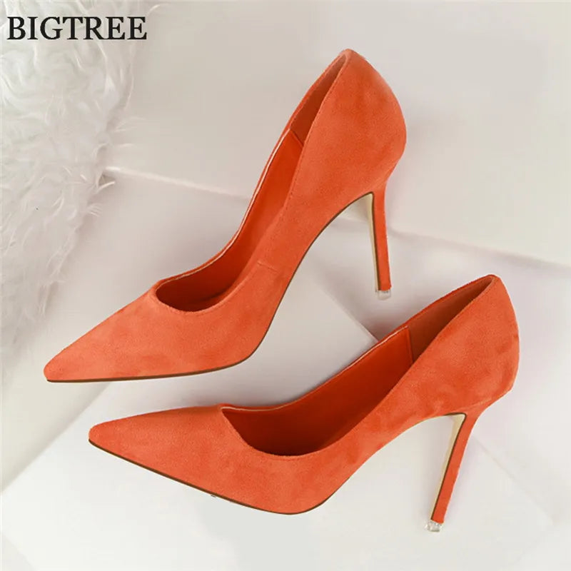 Plus Size 34-43 Woman Concise Office Shoes Fashion Pointed Toe Women Pumps Flock Shallow High Heels Women's Party Shoes 9 Colors