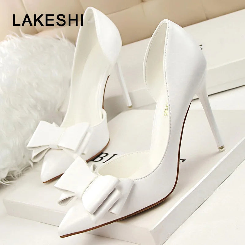 LAKESHI Women Pumps Leisure High Heels Fashion Butterfly knot Shoes Pointed Toe Wedding Shoes Bride Women Heels Shoes Pink White