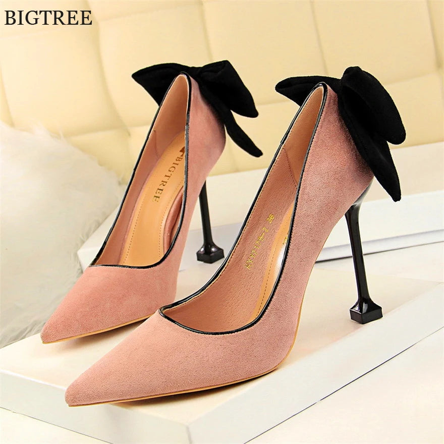 New Autumn Women Sweet Bowknot High Heels Shoes Pointed Toe Stiletto Wedding Sexy Party Pumps Korean Soft Flock Dress Ladies Red