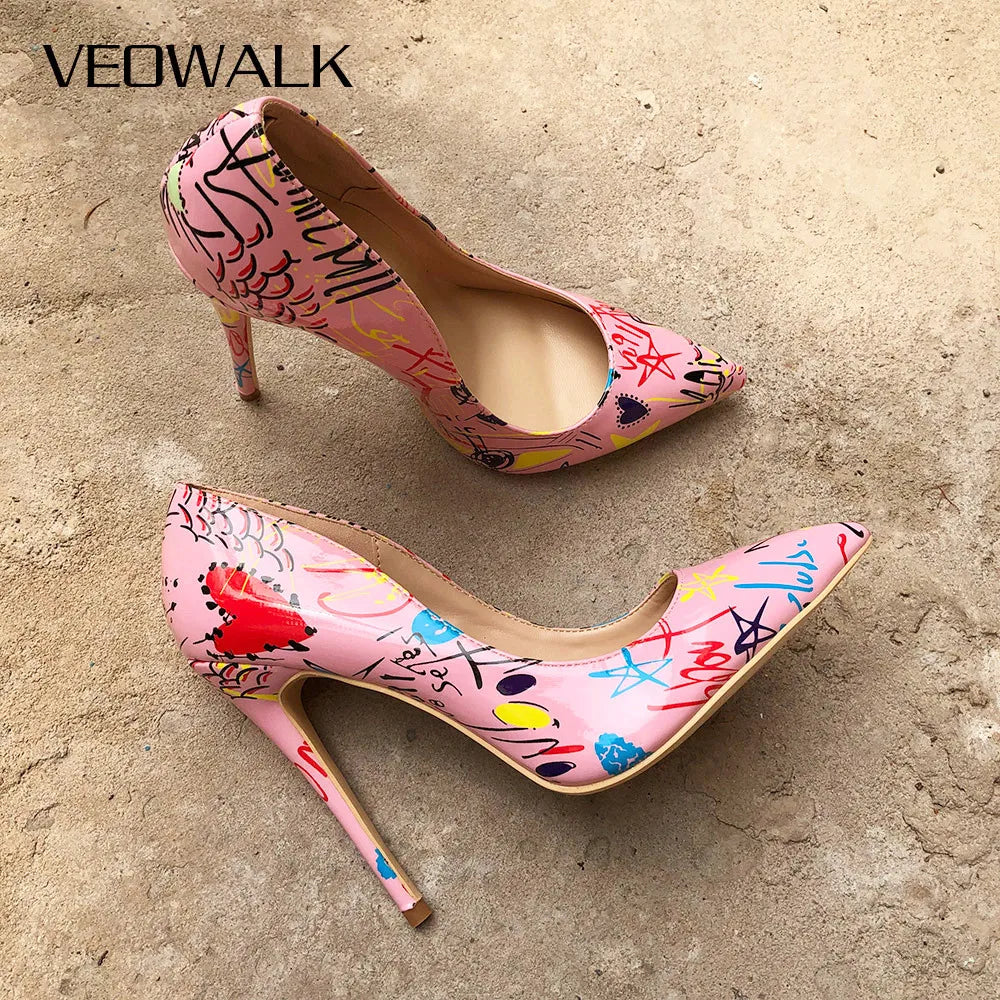 Veowalk Artistic Graffiti Print Women Sexy Stiletto High Heels Pink Ladies Party Pointed Toe Pumps Shoes Color Customized Accept