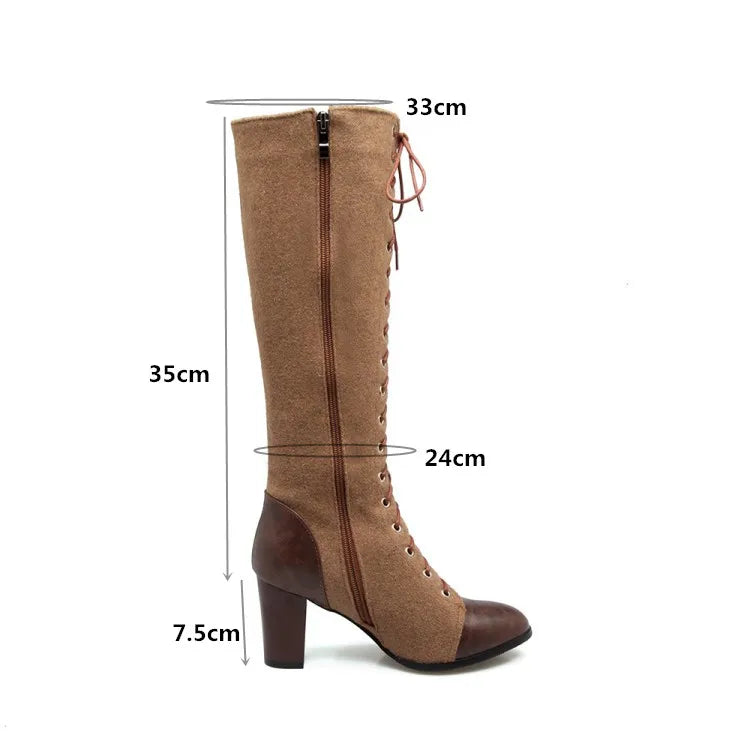 PXELENA Retro Rome Lace Up Knee High Riding Knight Boots Women Shoes Chunky Block High Heels Military Army Motorcycle Long Boots