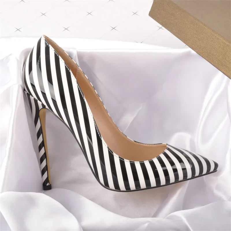 Onlymaker Women Zebra Black White Stripe Elegant 12CM High Heel Wedding Shoes US5~US15 Big Size Slip On Pumps