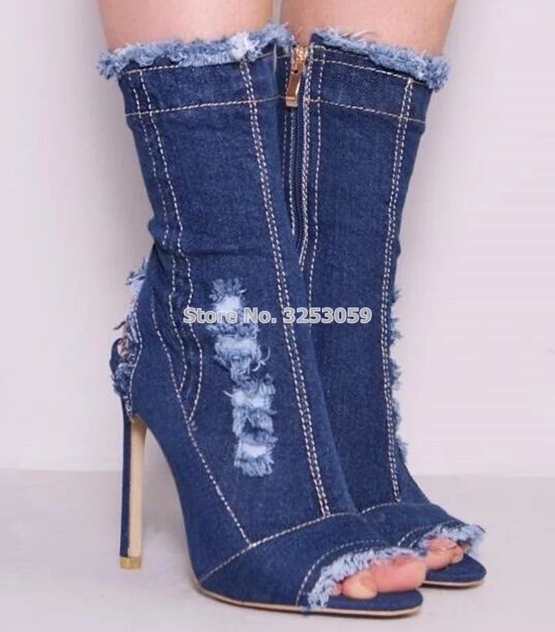 Newest Hot Selling Blue White Black Wash Jeans Booties Stiletto Heels Open Toe Retro Style Charming Denim Mid-calf Cut-out Boots