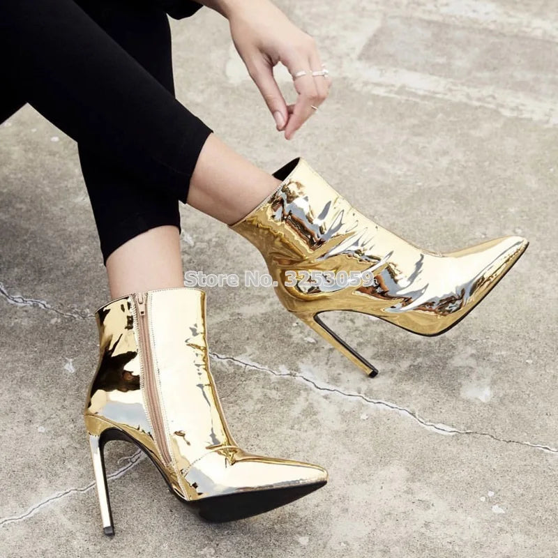 Women Sexy Pointed Toe Gold Silver Patent Leather Ankle Boots Metallic Glossy Stiletto Heels Dress Shoes Gladiator Banquet Pumps