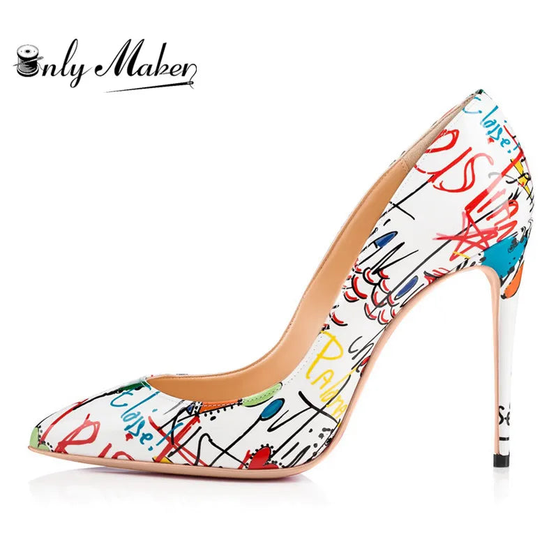 Onlymaker Women Graffiti Colorful Sexy Stiletto 12cm High Heels Wedding Party Women Shoes US5~US15 Slip On Pumps