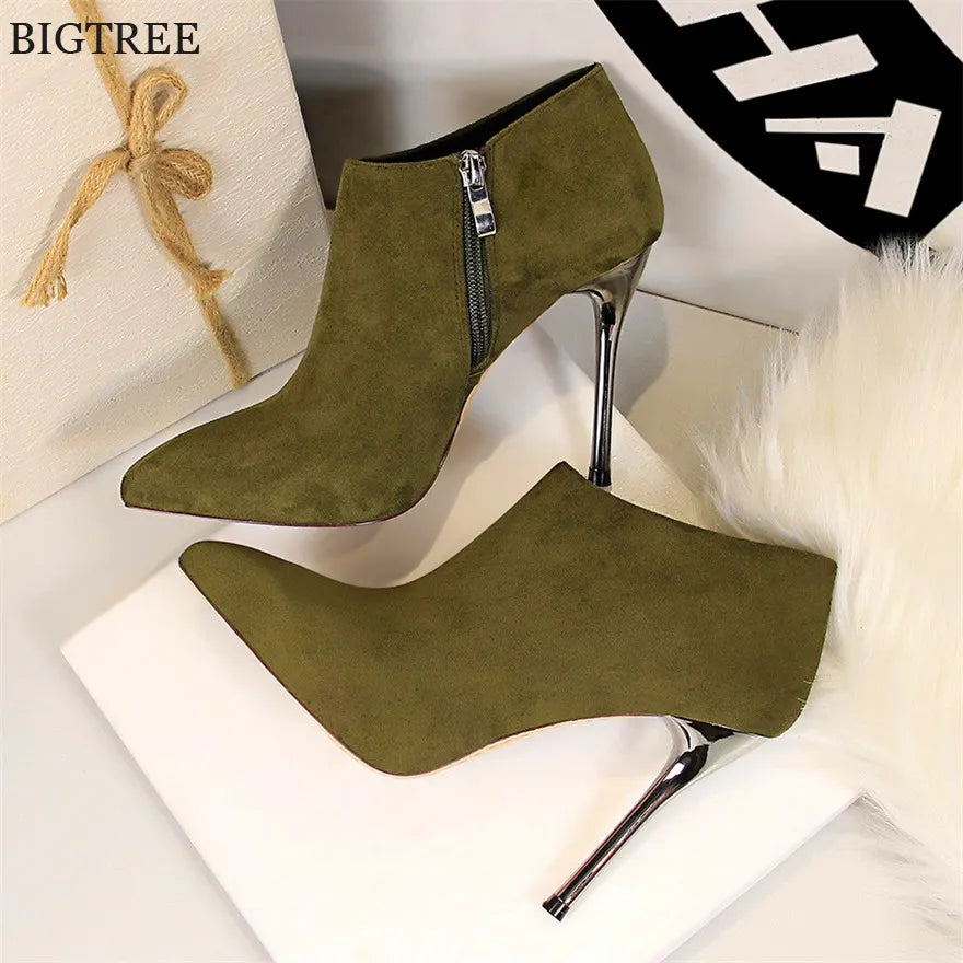 Pointed Metal Heel Women's Ankle Boots High Heels Fashion Side Zipper Ladies Shoes Solid Flock Concise Short Boots Woman Autumn