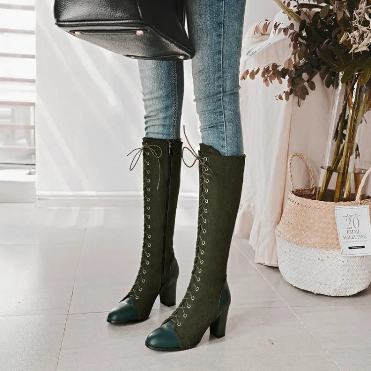 PXELENA Retro Rome Lace Up Knee High Riding Knight Boots Women Shoes Chunky Block High Heels Military Army Motorcycle Long Boots
