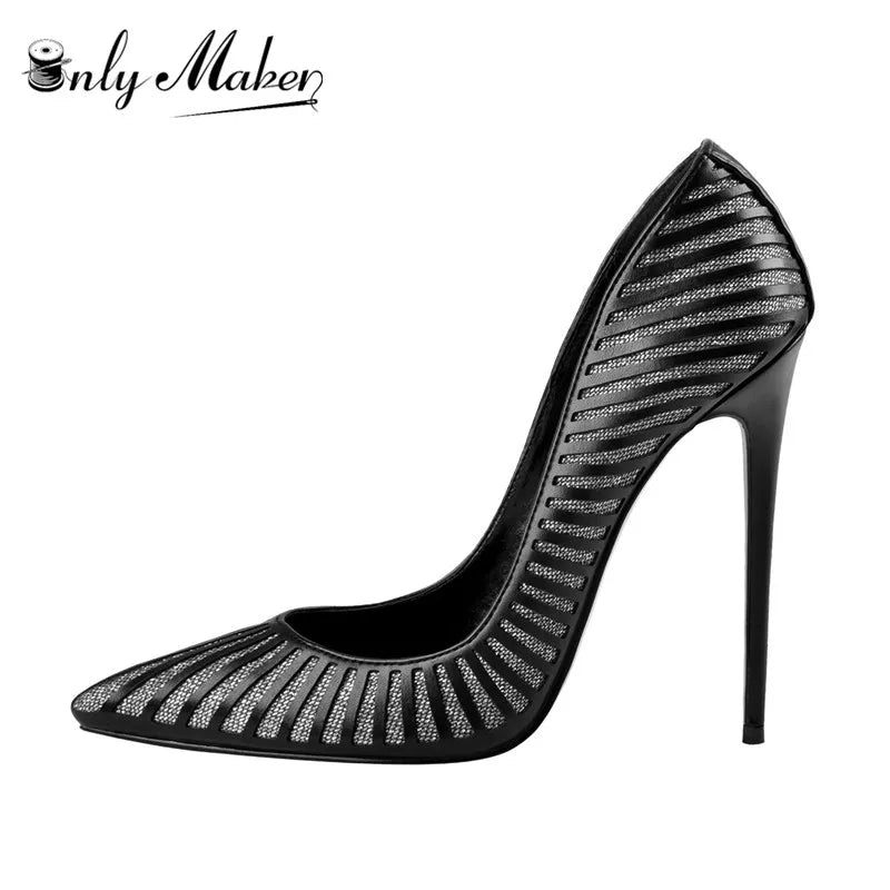 Onlymaker Women 12CM Pointed Toe High Heels Slip on Stiletto Pumps Dress Party Office Classic Stripes Plus Large Size US5-15