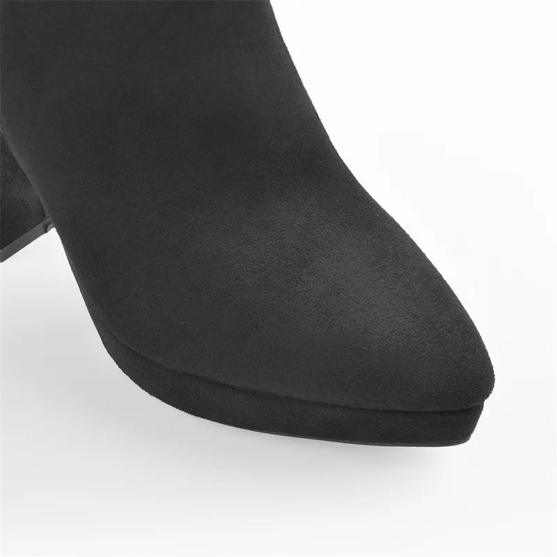 Onlymaker Spring Women Black Concise Ankle Boots Pointed Toe Side Zipper Low Platform High Heels Mature Daily Casual Booties