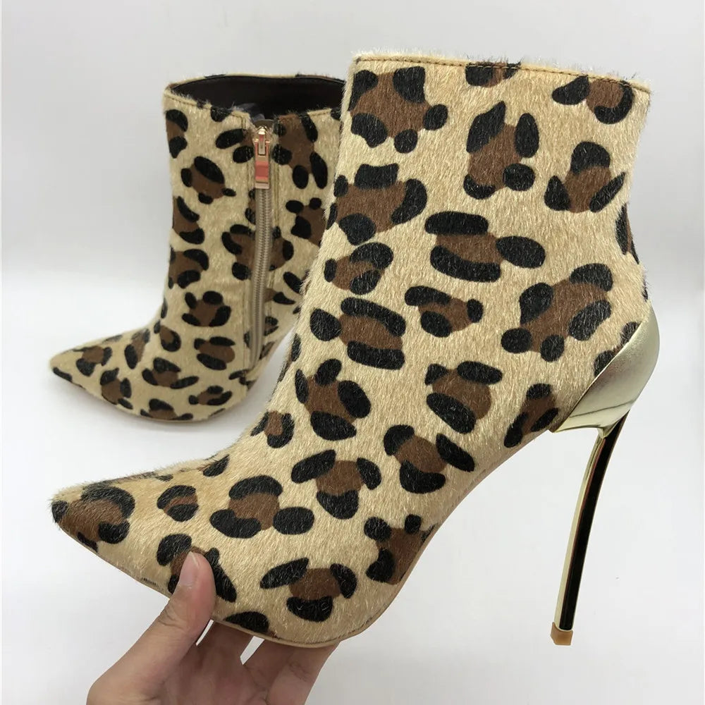 Women Ankle Boots Sexy Leopard Occident Pointed Toe Boots For Party Shoes Zipper Side Metal Spool Heel Booties 2023 Ladies Shoes