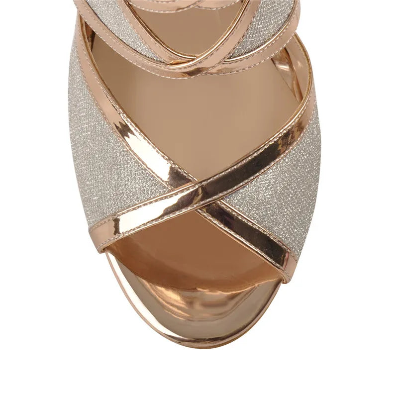 Onlymaker Women&#39;s Peep Toe 12 CM Thin High Heels Glitter Cut Out Gold Evening Party  Dress Sandals Ankle Strap Open Toe Pumps