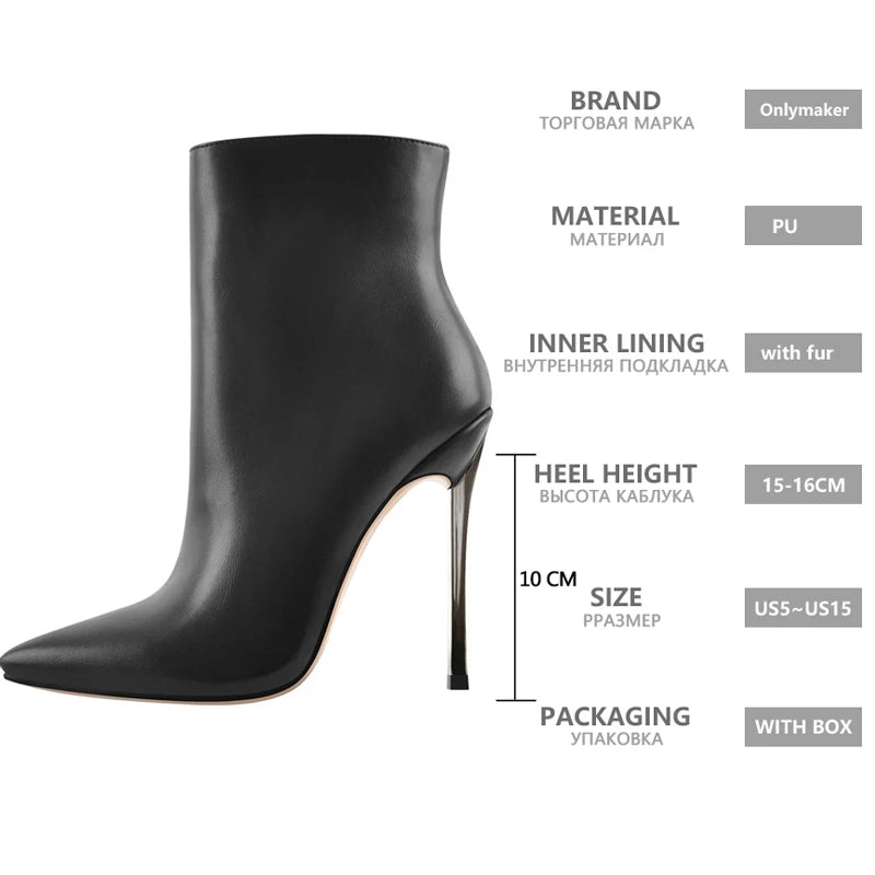Onlymaker Ankel Boots Women&#39;s Poited Toe Metal Thin High Heel Side Zipper Fashion Black Red Winter Warm Booties