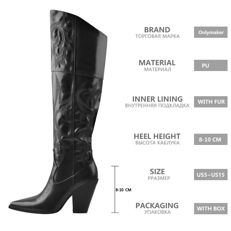 Onlymaker Winter Women  Black Brown Knee High Boots Pointed Toe Chunky Pull On Embroidered Thick Heels Boots Zipper Large Size