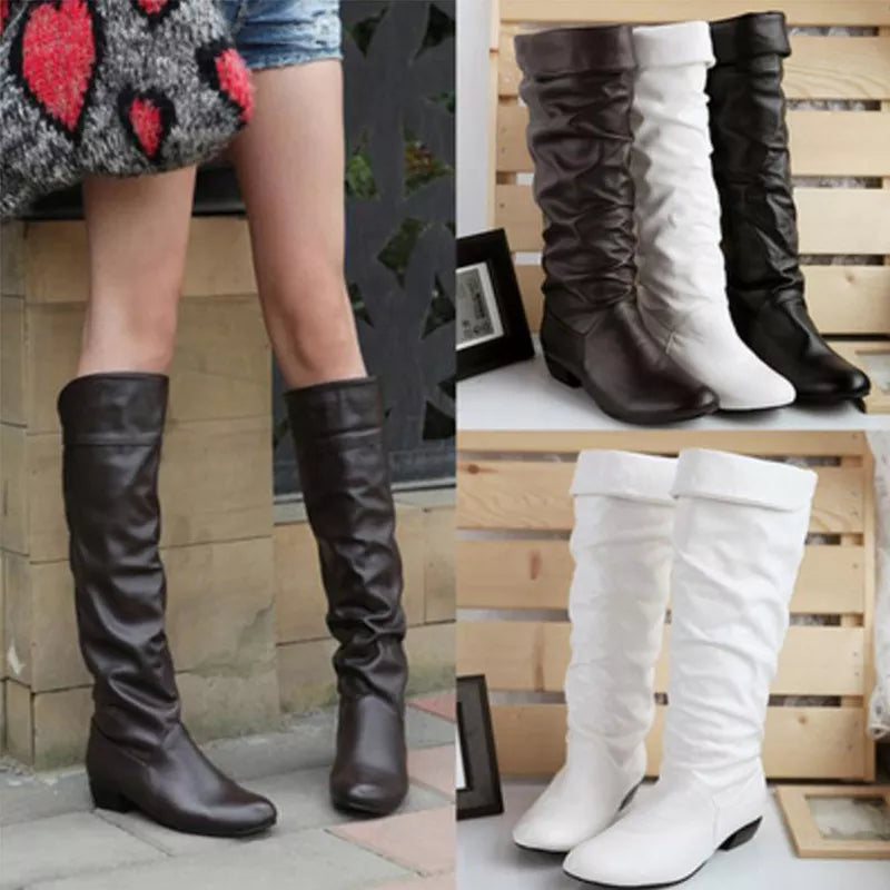 Women's leather PU Knee High Boots Fashion Folding Slip on Winter High Boots Casual Low Heels White Black Long Slim Boots Ladies