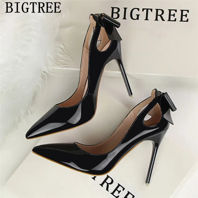 Patent Leather Butterfly-knot Sexy High Heels Women Wedding Shoes Buty Pumps Women Shoes Bigtree Shoes Tacones Altos Mujer Sexy