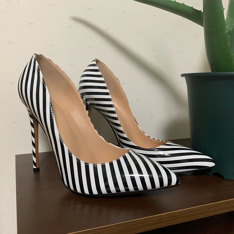 Onlymaker Women Zebra Black White Stripe Elegant 12CM High Heel Wedding Shoes US5~US15 Big Size Slip On Pumps