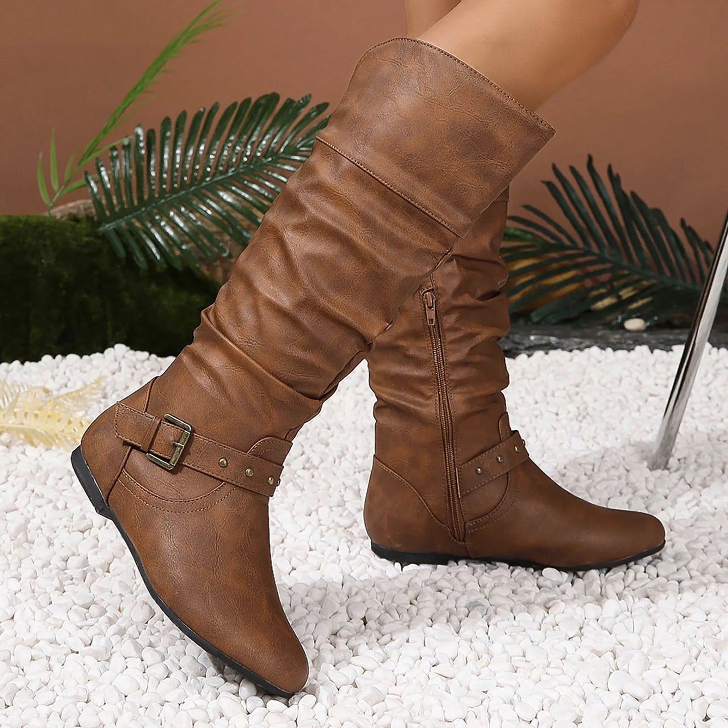 Leather Boots Women Western Mid Calf Boots Retro Knee High Long Elegant Boots Thigh Booties Winter Heeled Knee Boots Party Shoes