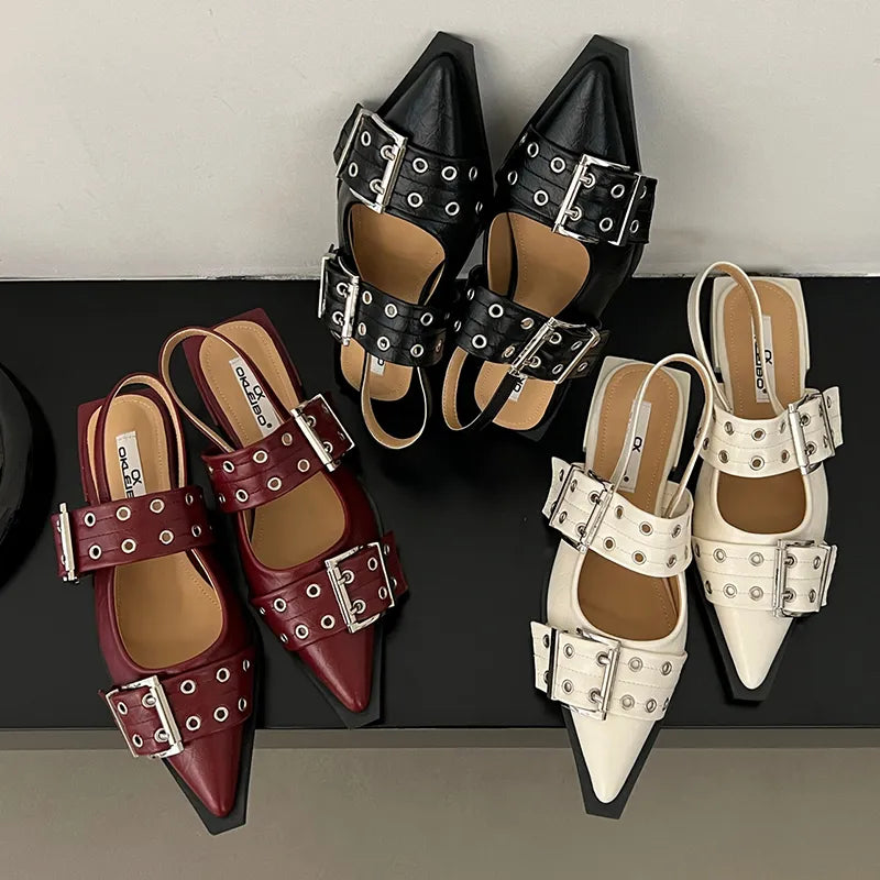 Women Flats Shoes 2023 Summer Spring Buckle Casual Female Luxury Sandals Shoes Fashion Pointed Toe Ladies Slingback Mules