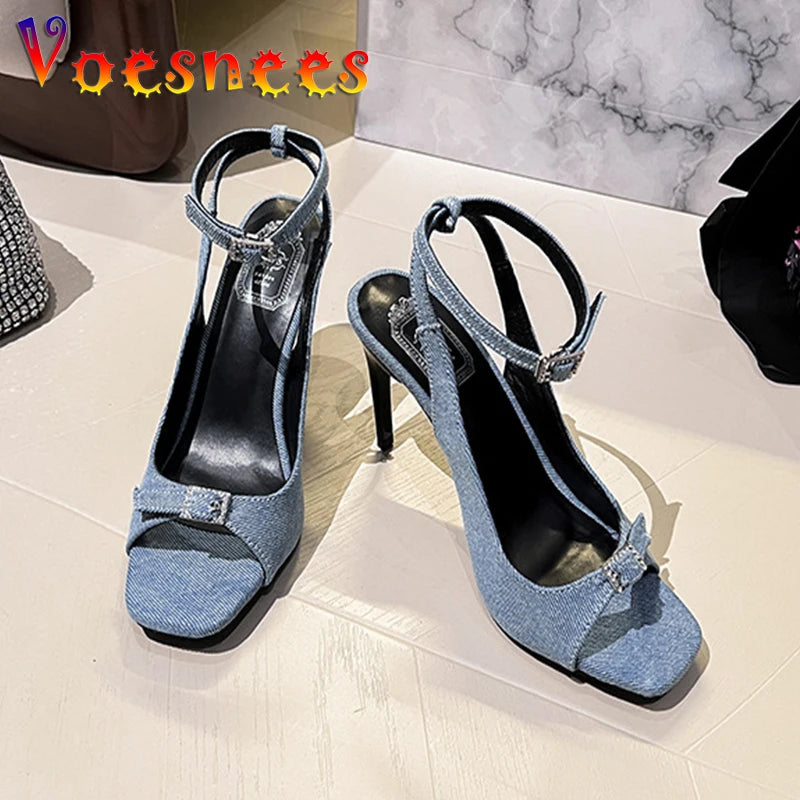 Voesnees Black Square Head Sandals Women Buckle Strap High Heels 9CM Summer Silks Party Shoes Plus Size Everyday Office Pumps