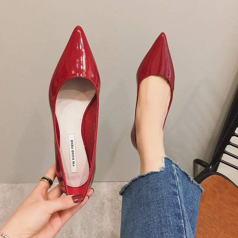 Maogu Women Pointed Toe Patent Leather Yellow Wine Red Lady Fashion Flats Candy Color Flat Sole Flat Heel Shoes Large Size 43 44