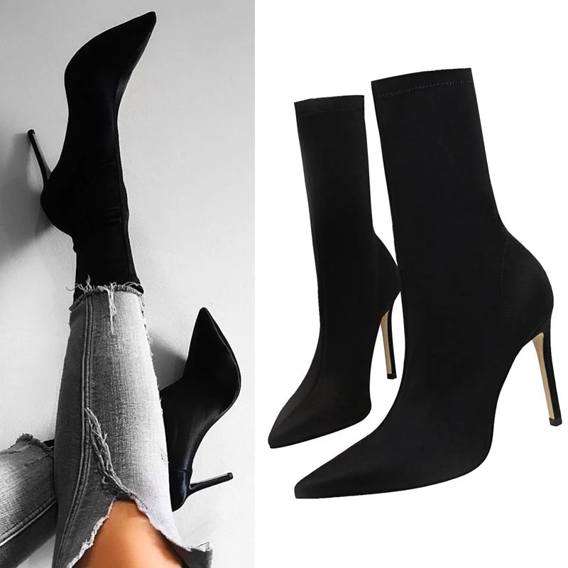 Women Modern Heeled Boots High Heels Lycra Pumps Calf Length Sexy Pointed Toe Stretch Booties plus size 42 Stilettos Socks Shoes