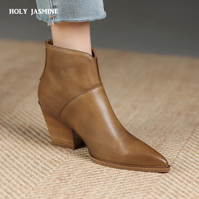 Women Ankle Boots Genuine Leather Autumn Winter Short Boots Thick Heels Pointed Toe Zipper Shoes Woman Mature Basic Office Lady