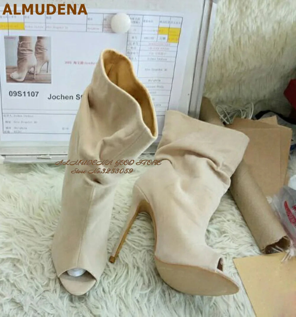 Temperament Nude Suede Leather Short Boots Open Toe Thin High Heel Ankle Boots Folded Booties Elegant Fashion Party Footwear