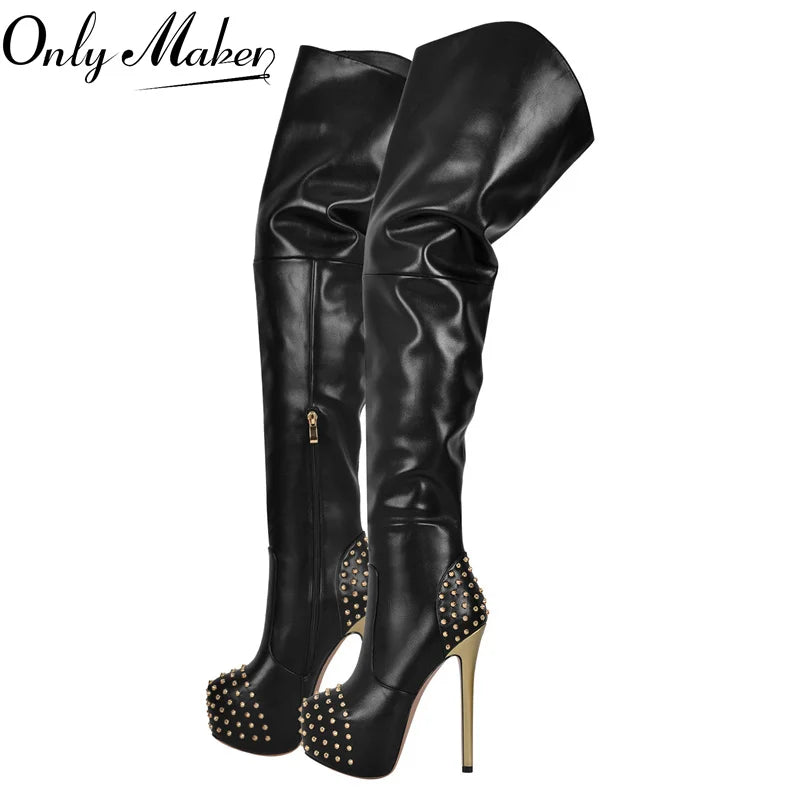 Onlymaker Women Platform Rivet Over The Knee Boots Thin High Heel Zipper Fashion Black  Sexy Winter Warm Thigh Lady  Boots