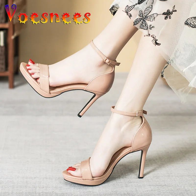 Nude Color Fashion One Word Band Sandals 10CM Everyday High Heel Pumps Thin Heels 2023 Summer New Style Simple Style Women Shoes