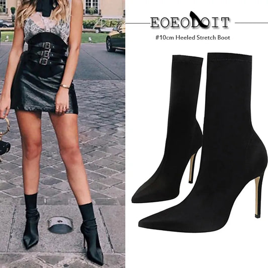 Women Modern Heeled Boots High Heels Lycra Pumps Calf Length Sexy Pointed Toe Stretch Booties plus size 42 Stilettos Socks Shoes